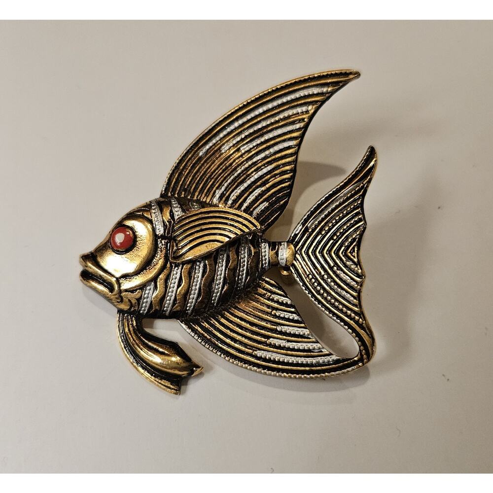 Vintage Fish‎ Damascene Handmade Made in Spain Mixed Metal Gold Silver Brooch